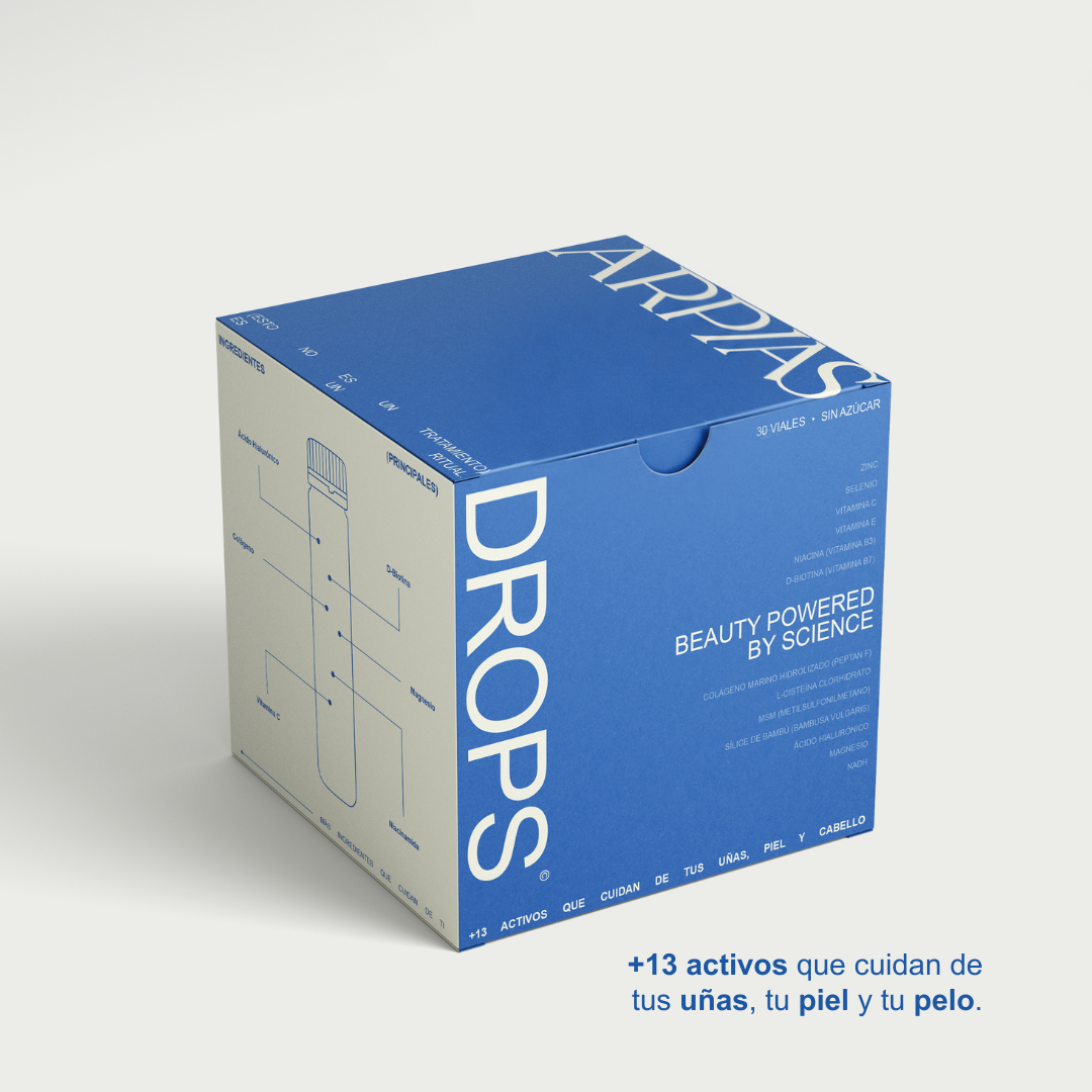 Caja de Arpías Drops · colágeno marino bebible, 30 viales, cuidado diario para cabello, piel y uñas