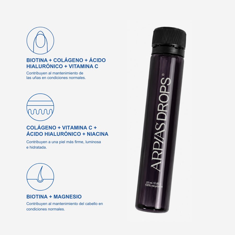 Vial de 25 ml de Arpías Drops con sus activos para uñas, piel y cabello